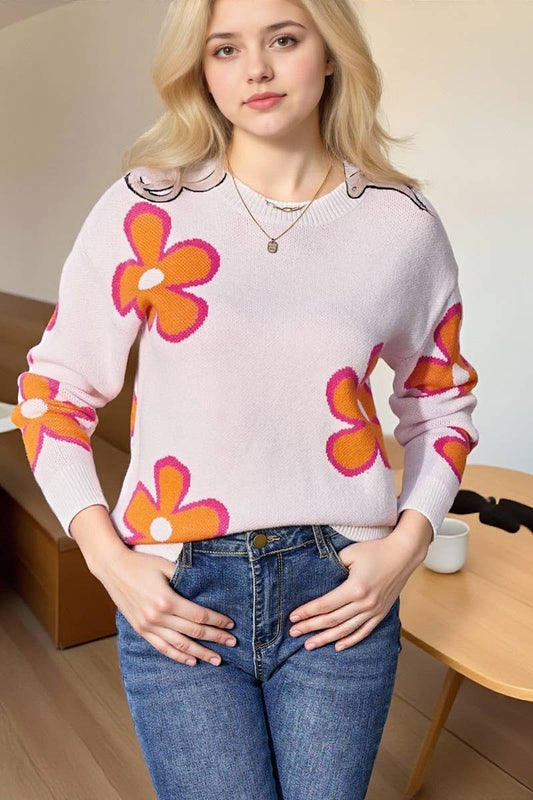 CWOSWL07599_FLORAL JACQUARD COLORBLOCK LOOSE KNIT TOP