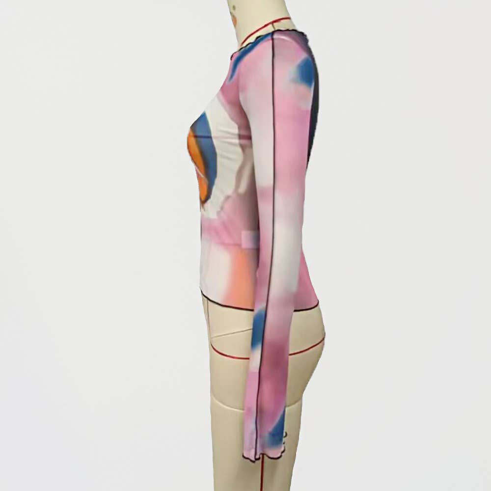 Sexy printed T-shirt with wooden hem neckline