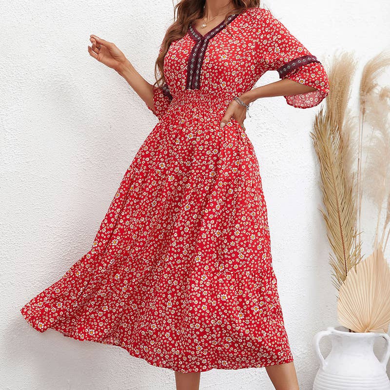 Stylish elegant socialite floral mid-length dress