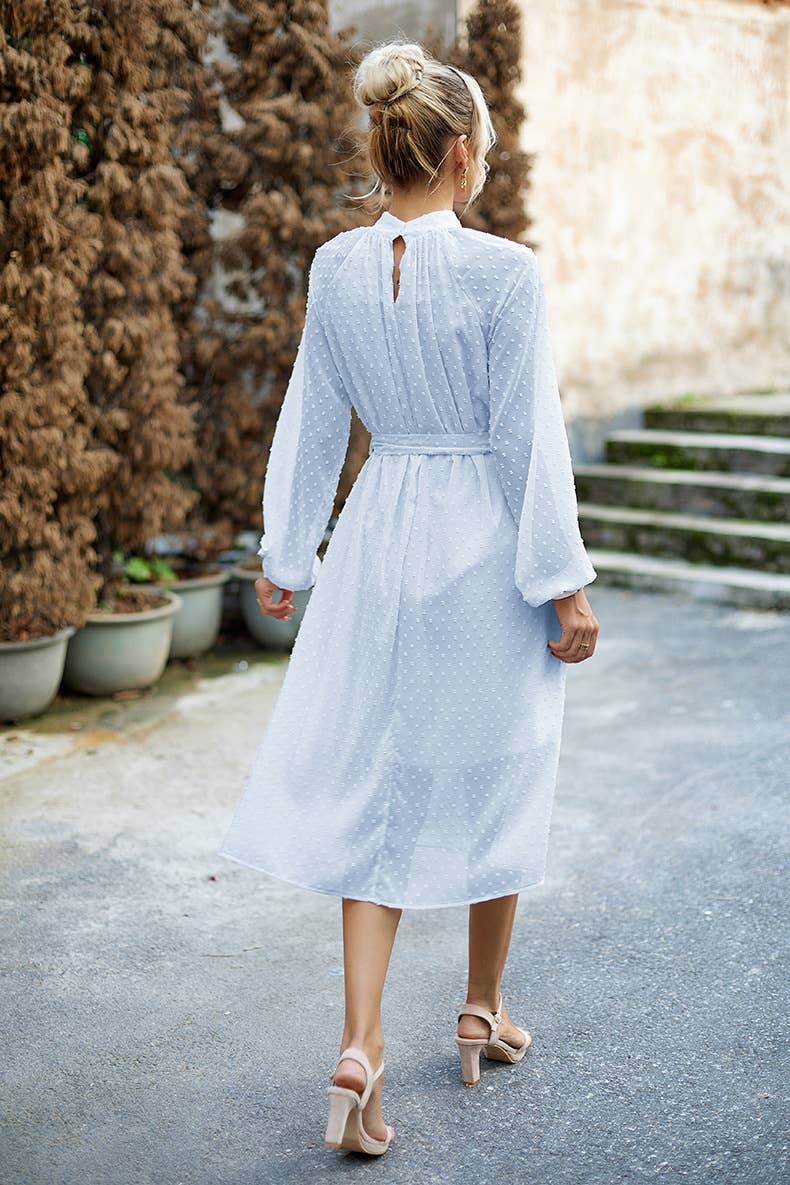 JACQUARD MESH LACE-UP WAIST ROUND NECK LONG DRESS