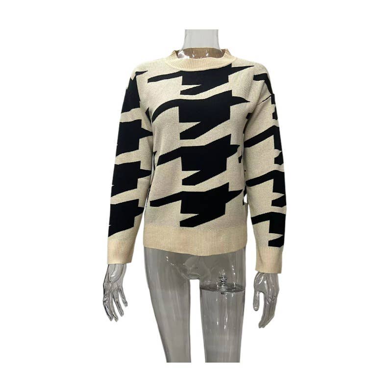 Round-neck, niche checkered knitted sweater