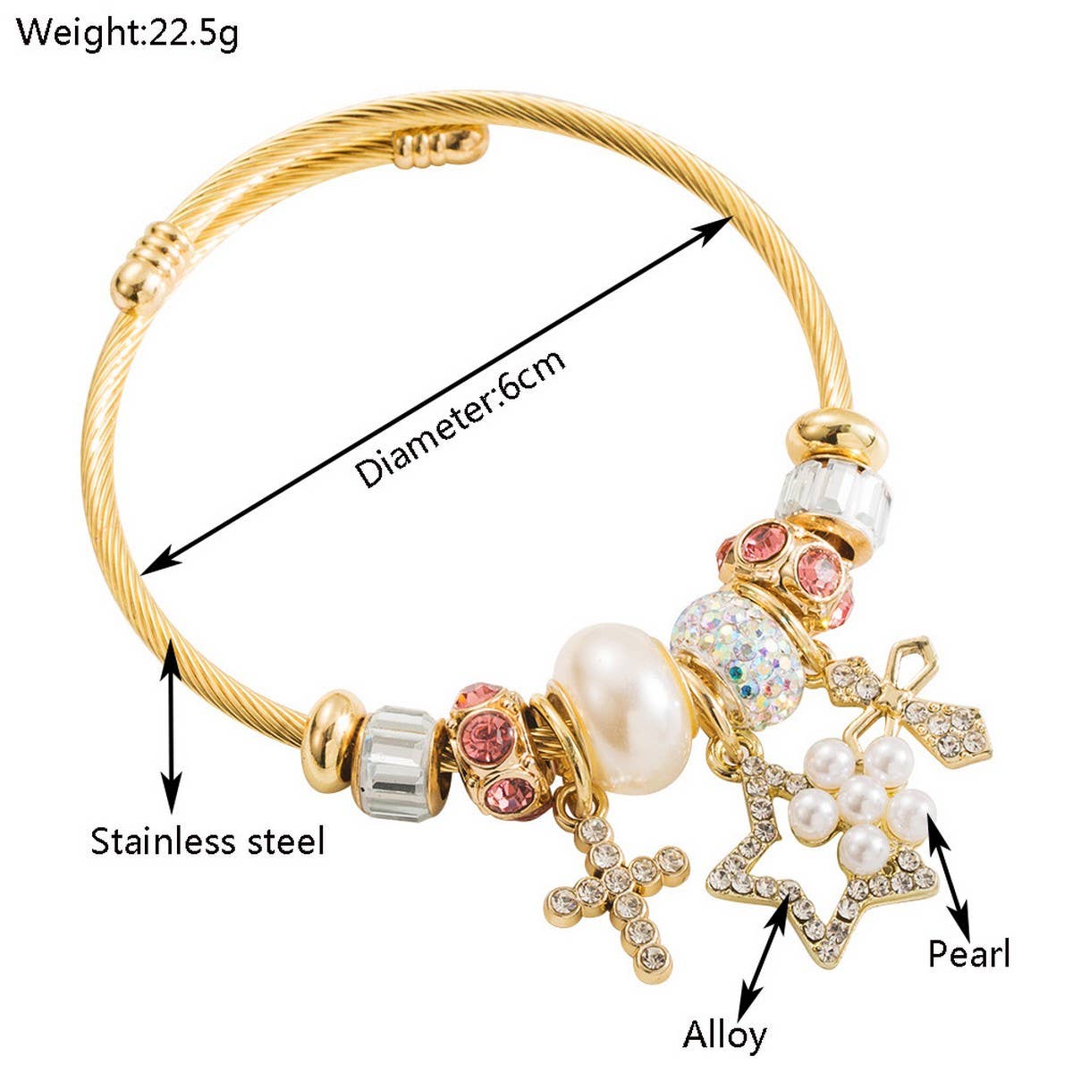 Adjustable Steel Bracelet with Bear, Heart & Cross_CWMM8583