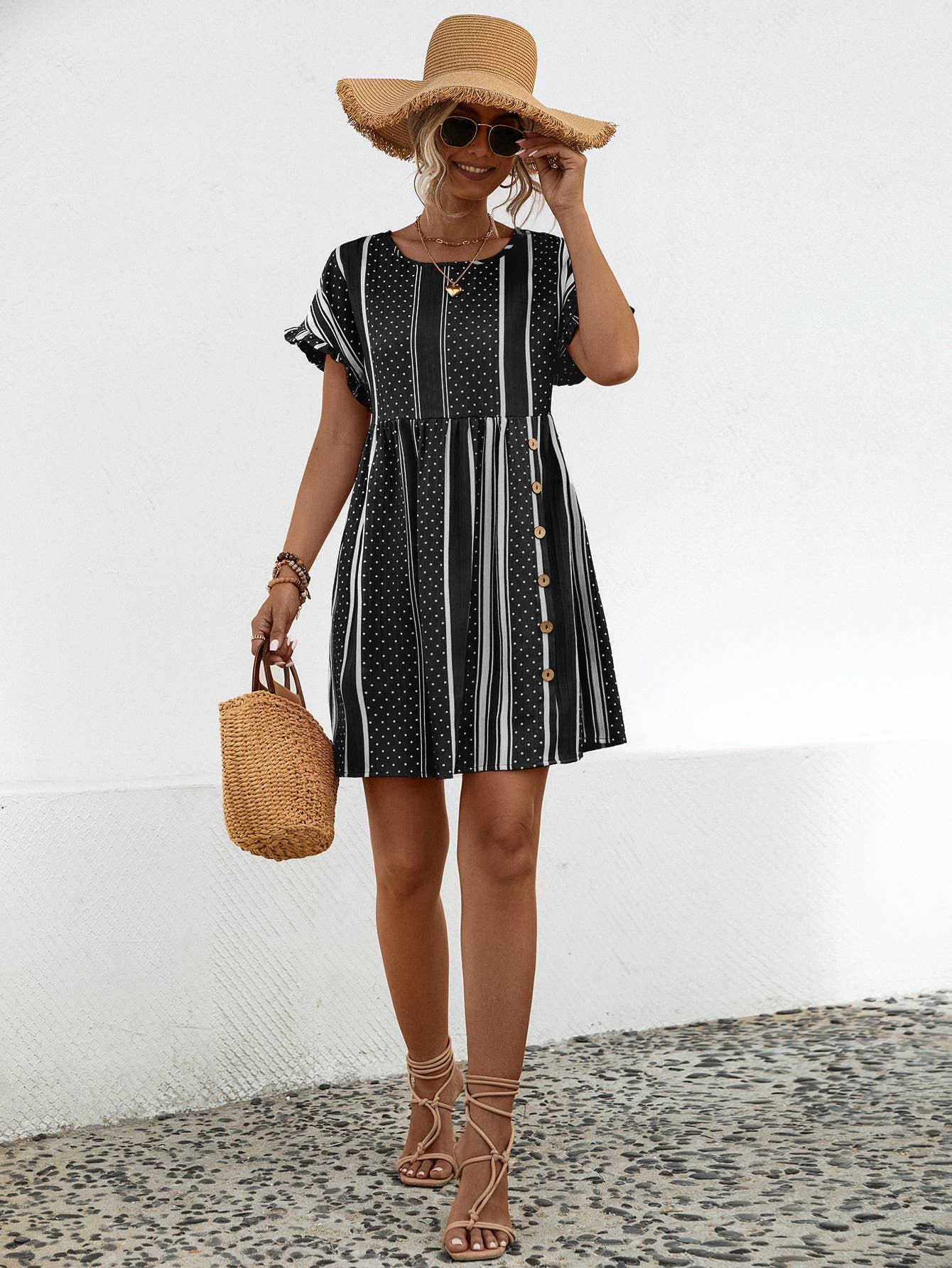 Round neck high waist button-up short dress