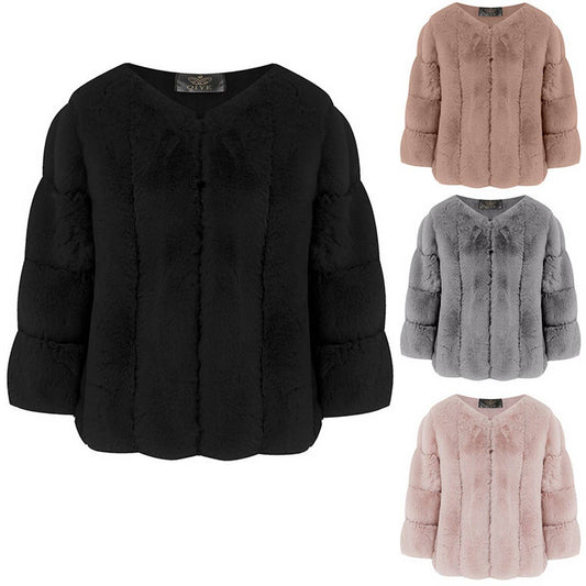 Trendy Women's Faux Fur Round Neck Short Coat