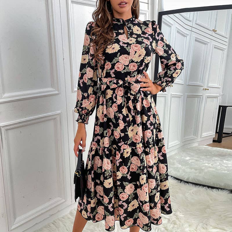 Printed lace-up dress with high neck