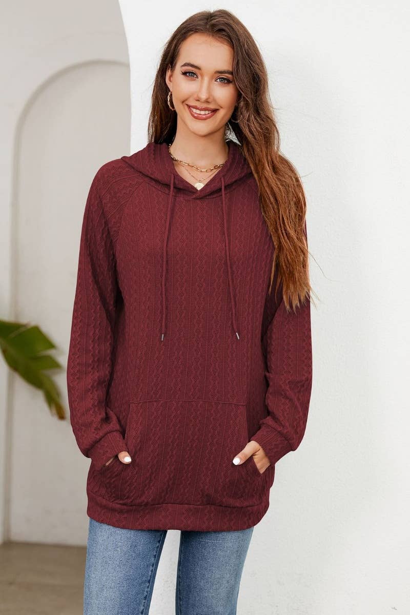 CWOHOL0983_HOODED DRAWSTRING LONG SLEEVE POCKET KNIT HOODIE