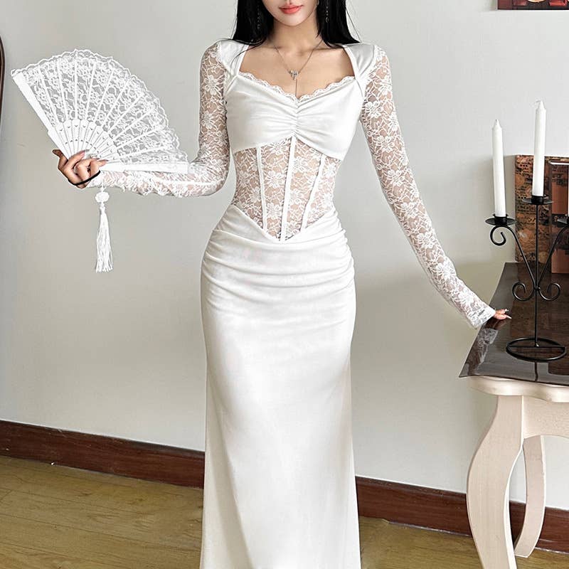 LACE PATCHWORK DESIGN HOLLOW SLIM DRESS