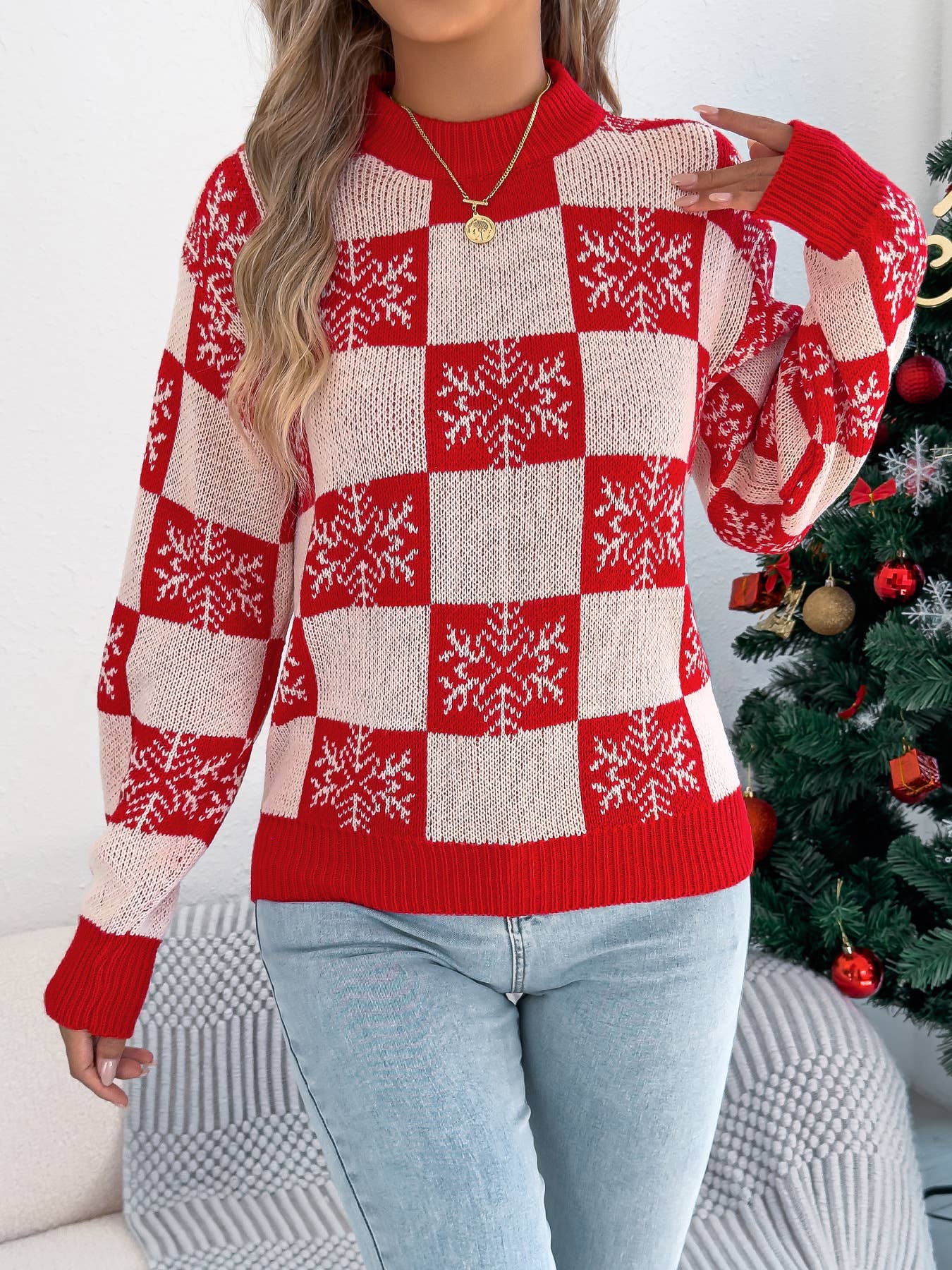 Snowflake checkered lantern long-sleeved sweater