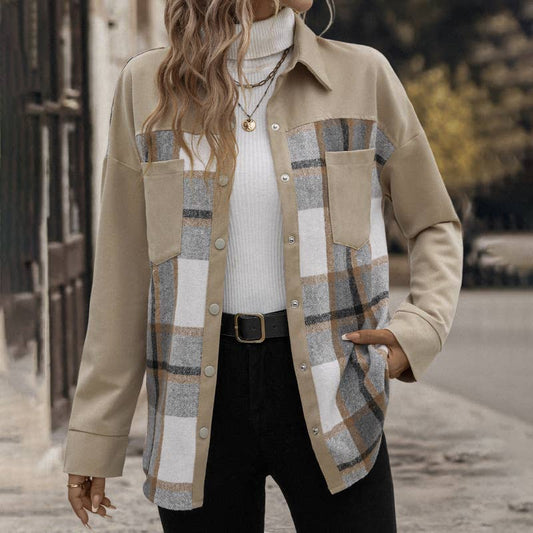 Fashionable lapel check long-sleeved shirt