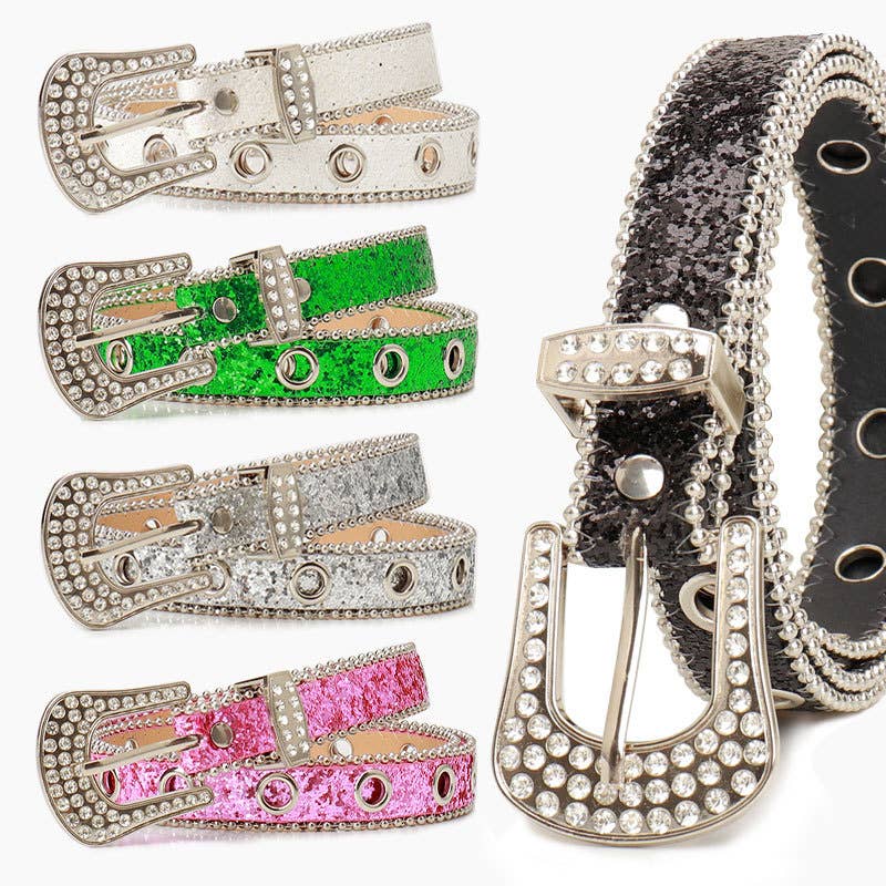 Trendy rhinestone needle buckle women's belt