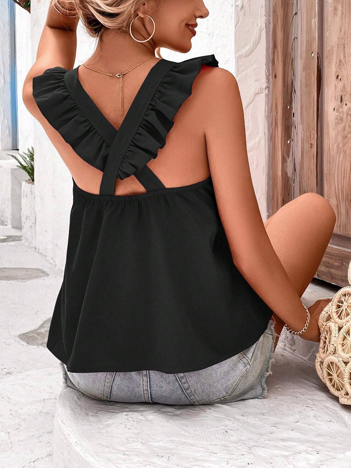 Stylish fly-sleeve back elastic cross top