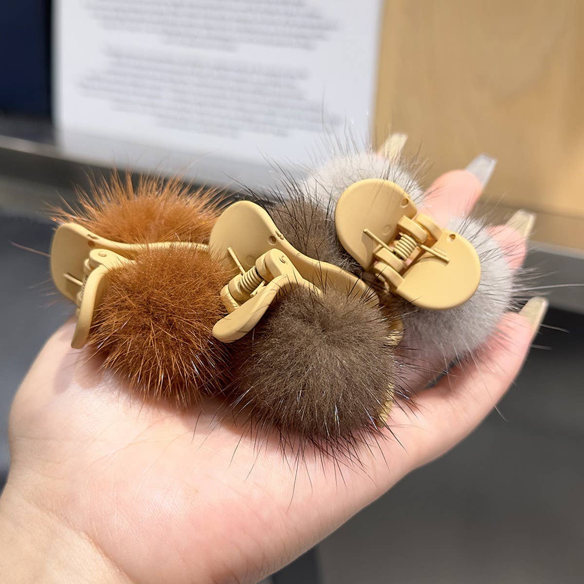 Mink Fur Ball Hair Claw - Cute Winter Fluffy Clip