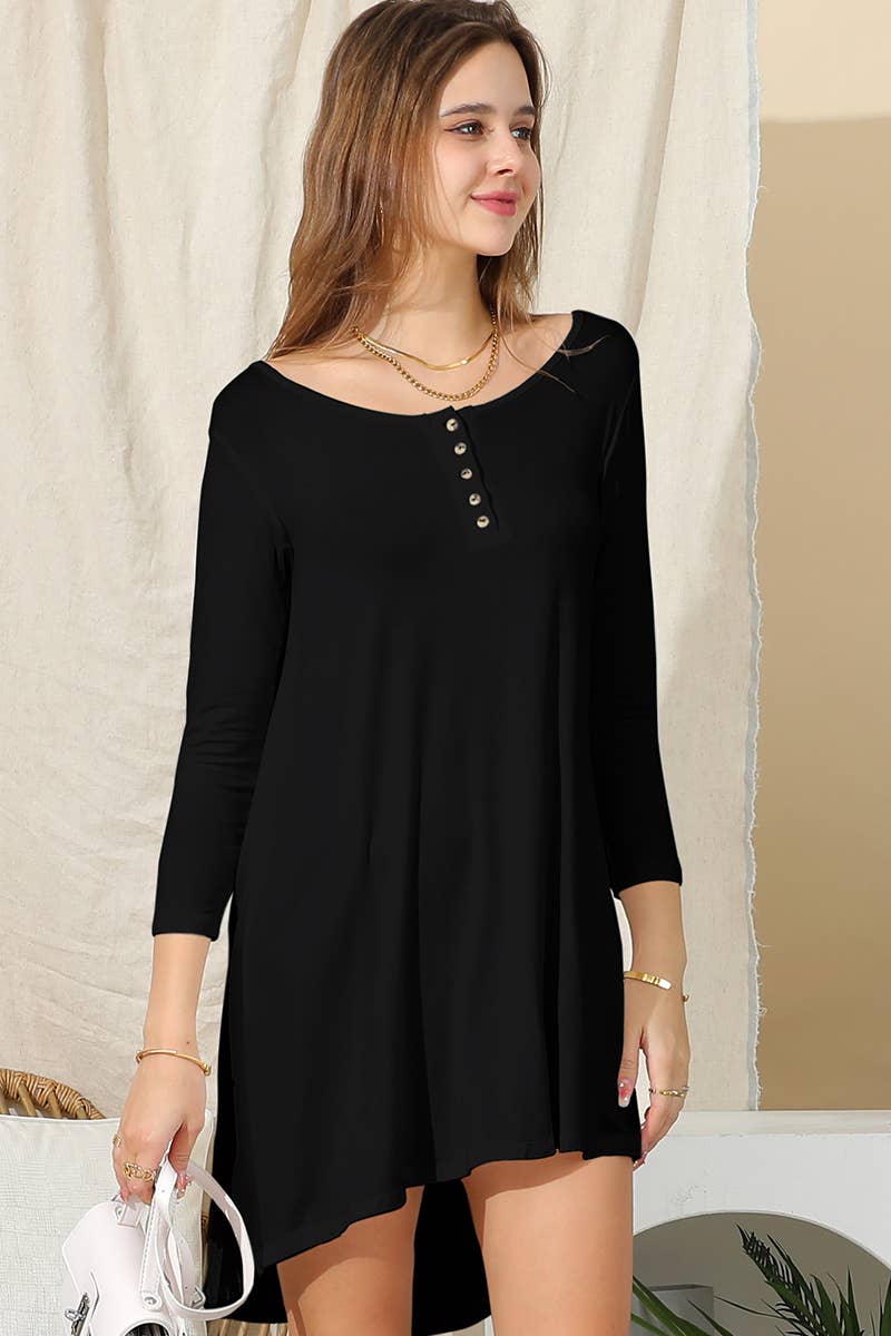 CWDSD10400_LONG SLEEVE BUTTONED NECK CASUAL MIDI DRESS