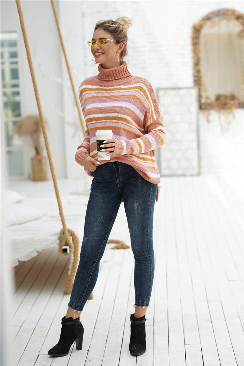 RAINBOW STRIPED PATCHWORK KNIT PULLOVER SWEATER_cwoswl2316