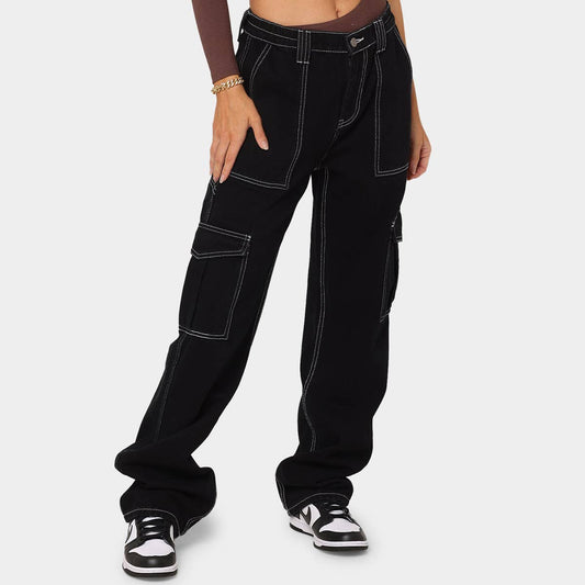 HIGH-WAISTED ELASTIC-WAISTBAND BAGGY CARGO JEANS