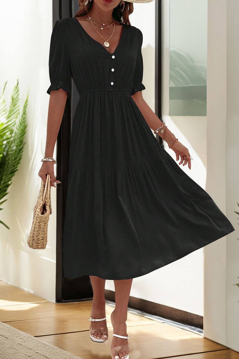 CWDMD5783_CASUAL RUCHED PUFF SLEEVE V-NECK SOLID DRESS