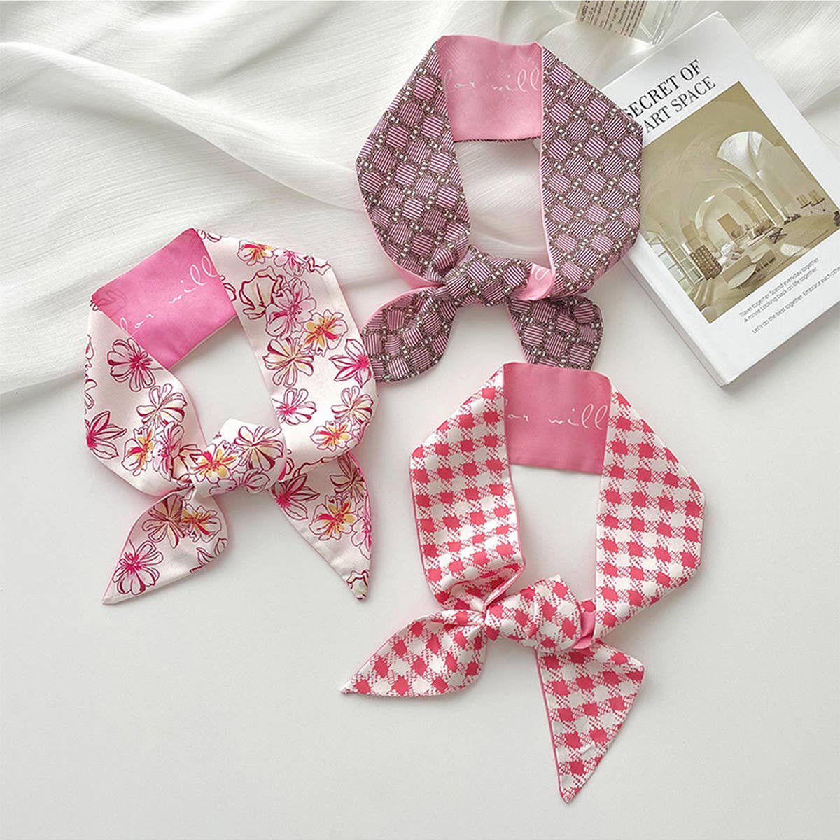 Pink Floral Skinny Scarf ??Hair Tie & Bag Ribbon_CWASC0708