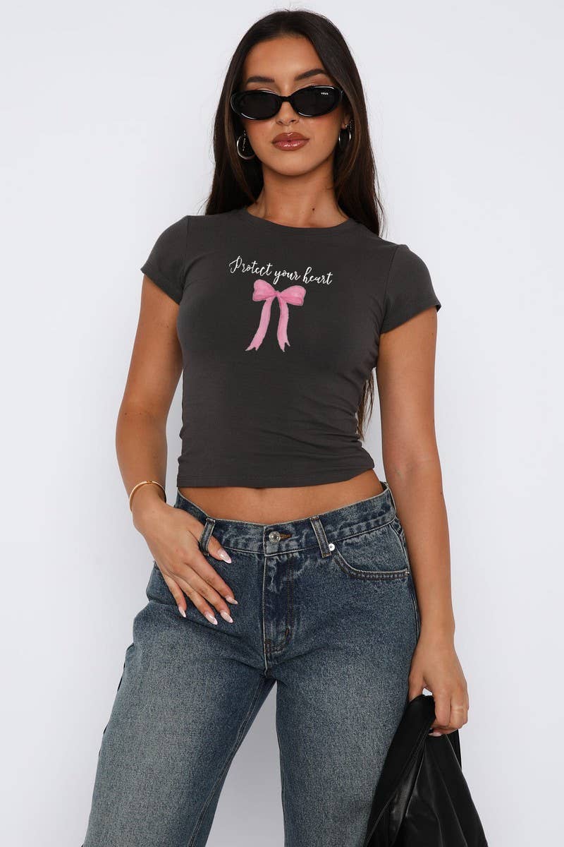 Cwtts1572_Printed Crew Neck Slim Fit Crop Top Tee