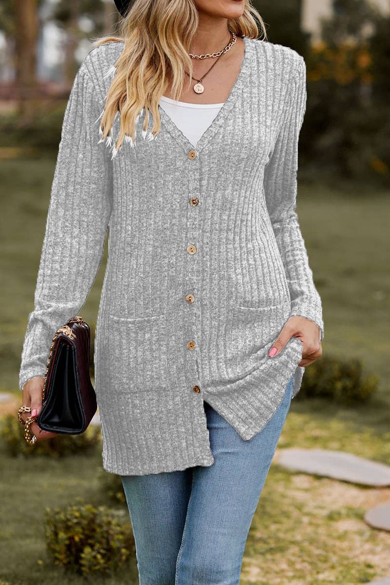 CWOCAL2286_BUTTON-UP BRUSHED RIBBED LONG SLEEVE CARDIGAN
