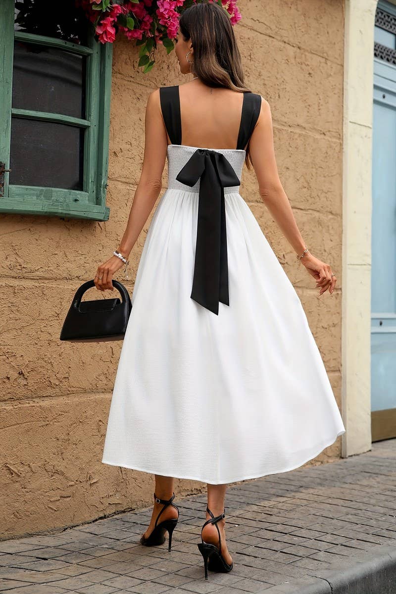 CWDMD4886_WHITE BOW BACKLESS SUSPENDER DRESS