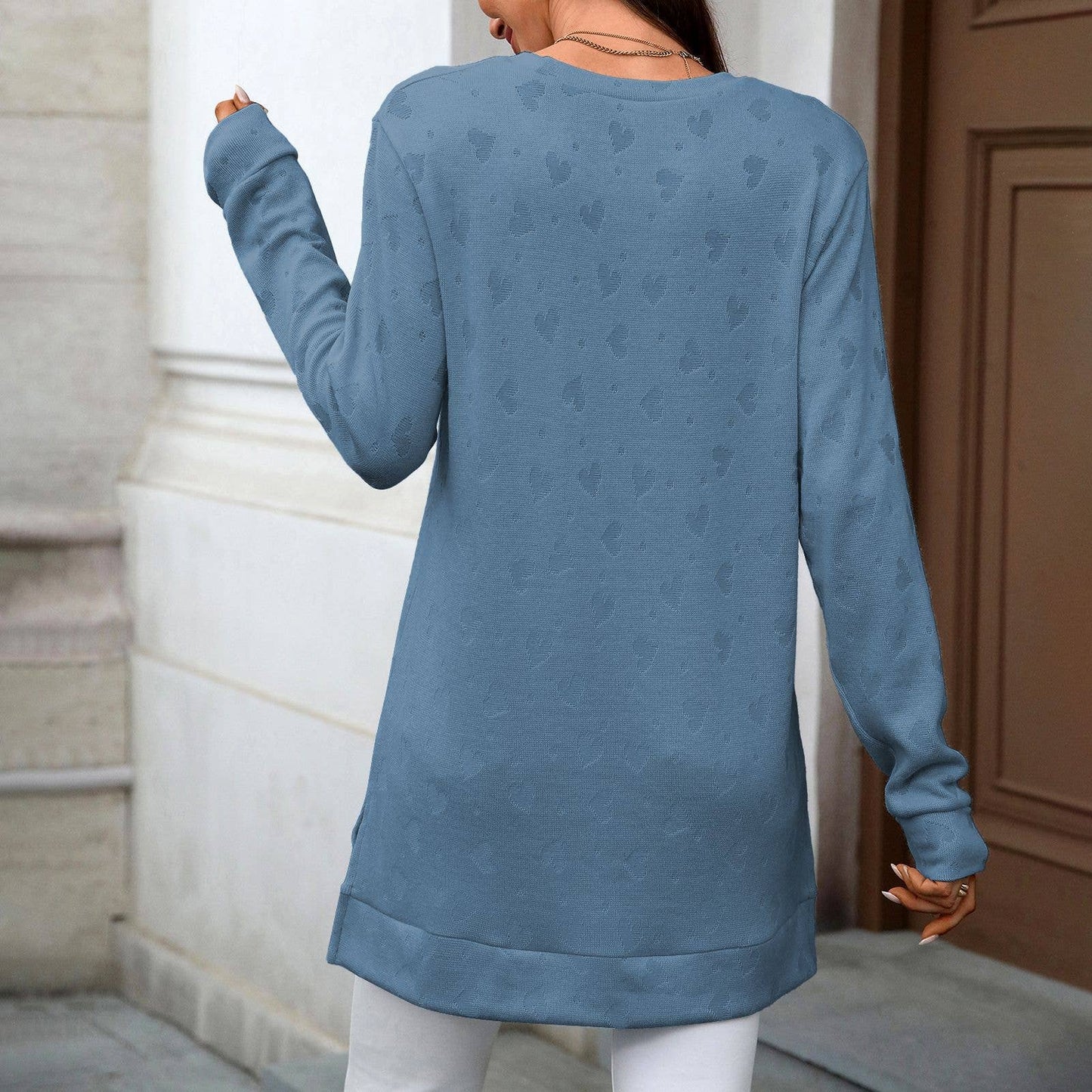 Solid-color round-neck long-sleeved slit T-shirt