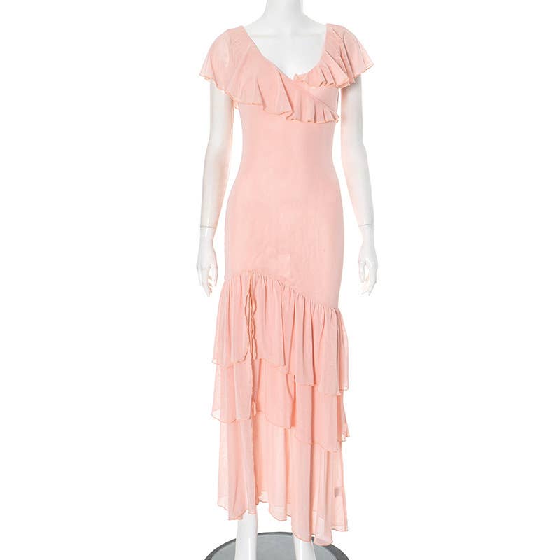 Ruffled V-Neck Mesh Backless Midi Dress