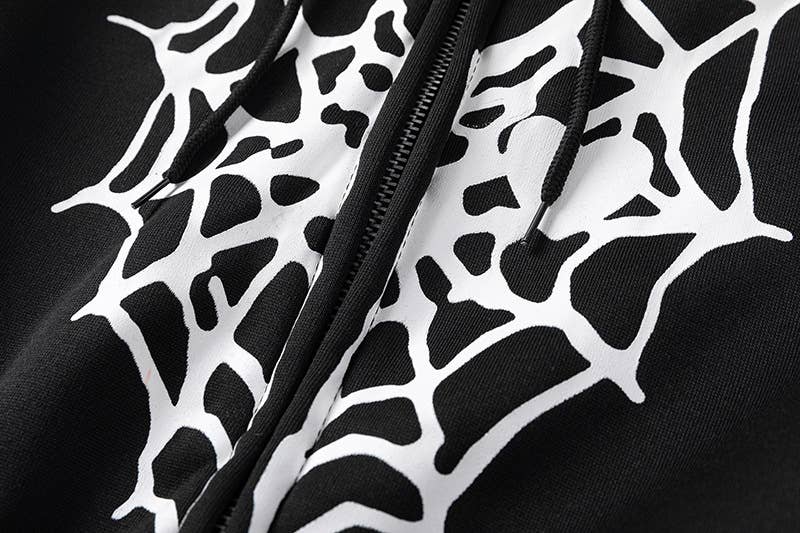 SPIDER WEB HEART ZIPPER FLEECE HOODED CARDIGAN
