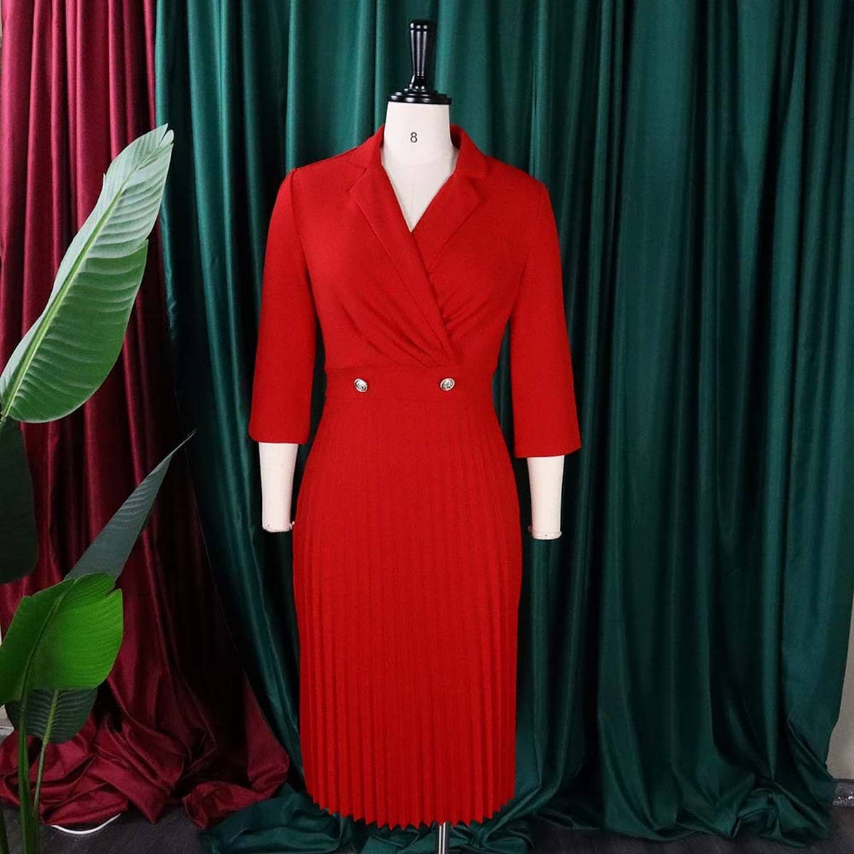 SOLID COLOR ELEGANT SUITCOLLAR PLEATED LAPEL DRESS_CWDMD3718