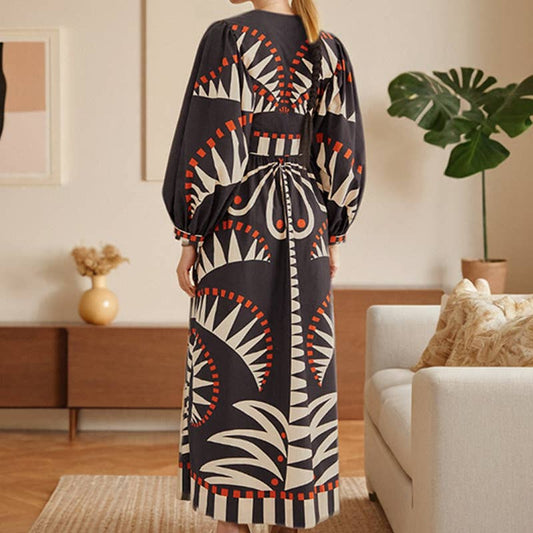 PRINT STYLE V-NECK DRESS WITH LANTERN SLEEVES