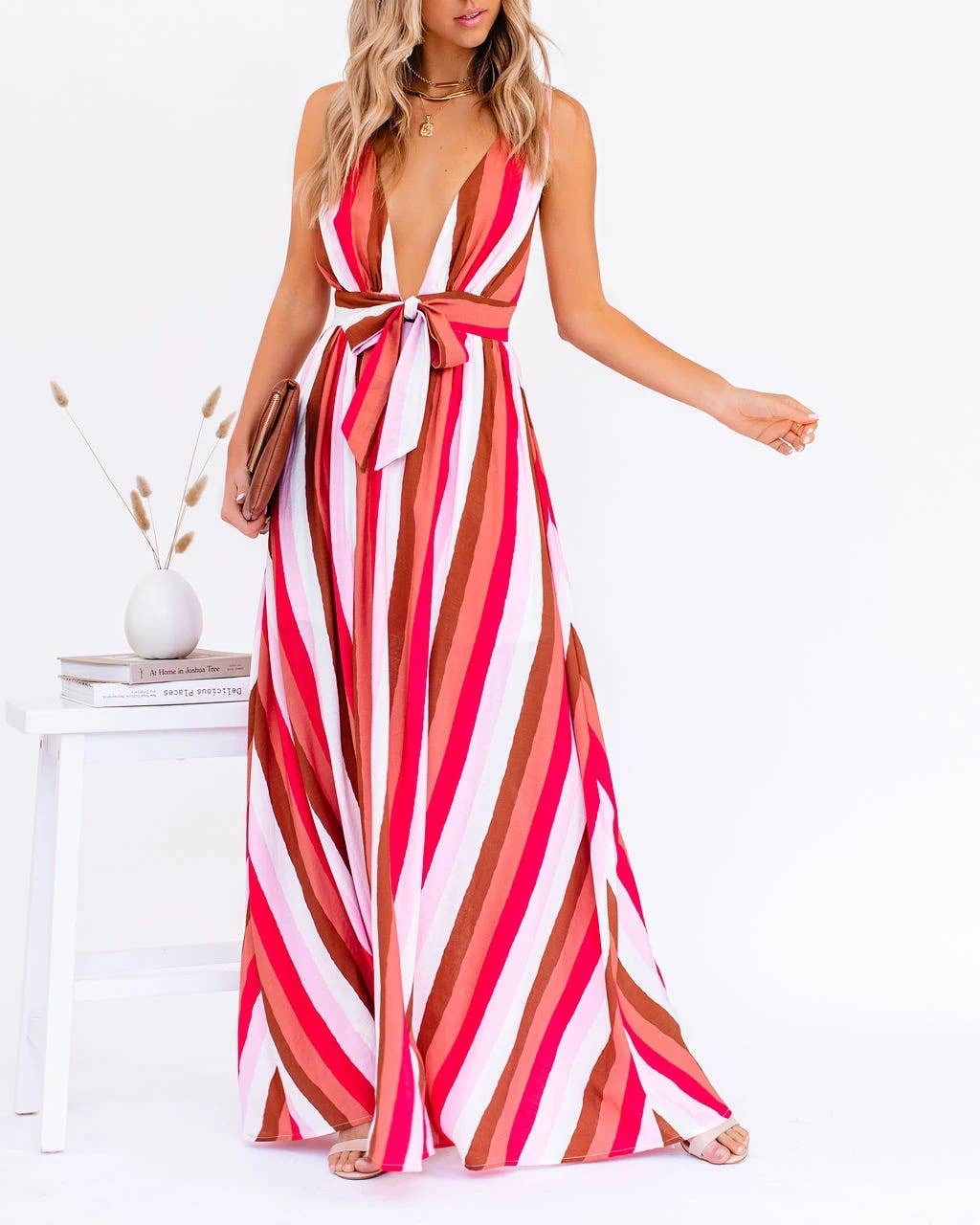 SEXY HALTER DEEP V STRIPED CASUAL DRESS