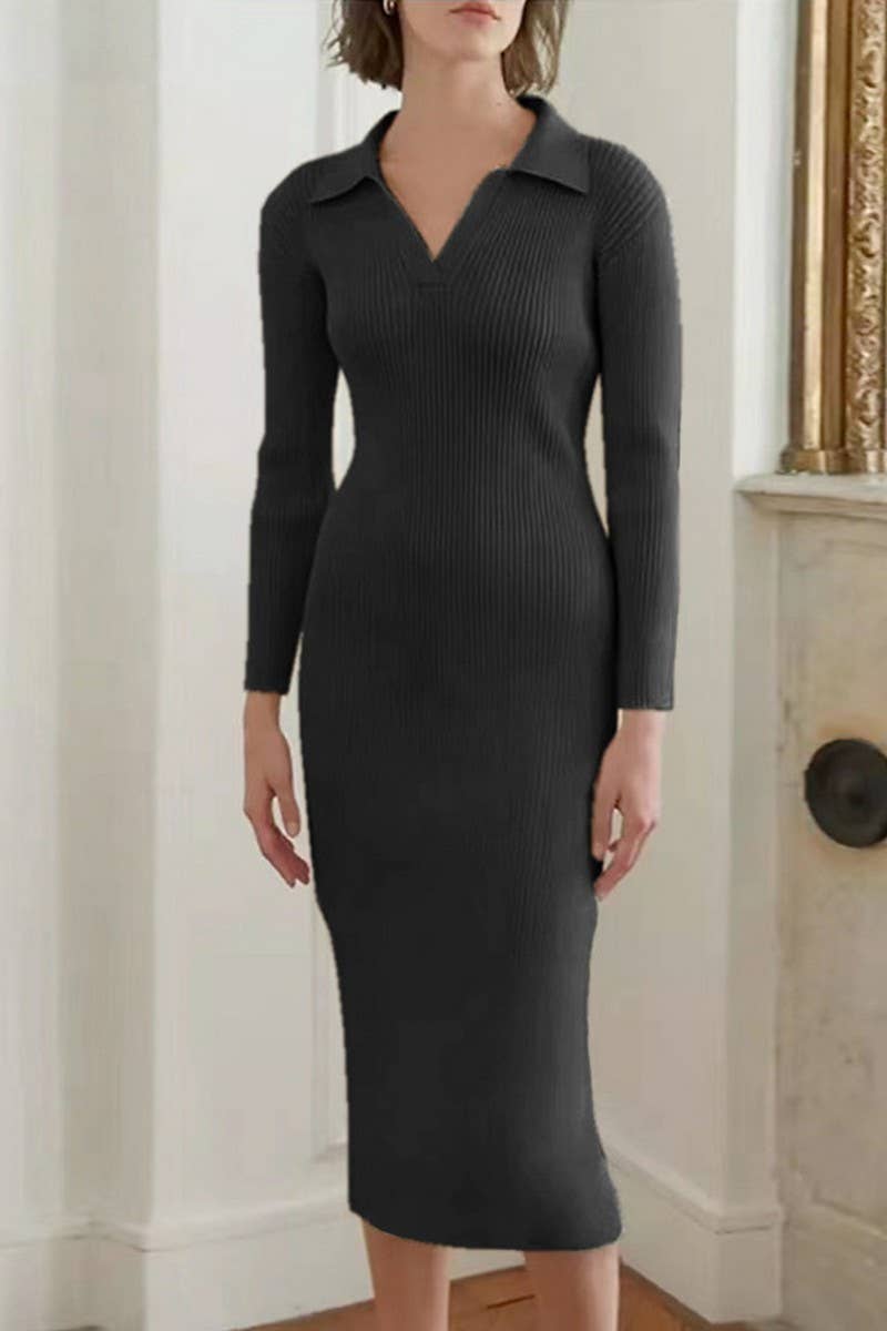 CWDMD4901_SOLID COLOR DEEP V LAPEL SLIM DRESS