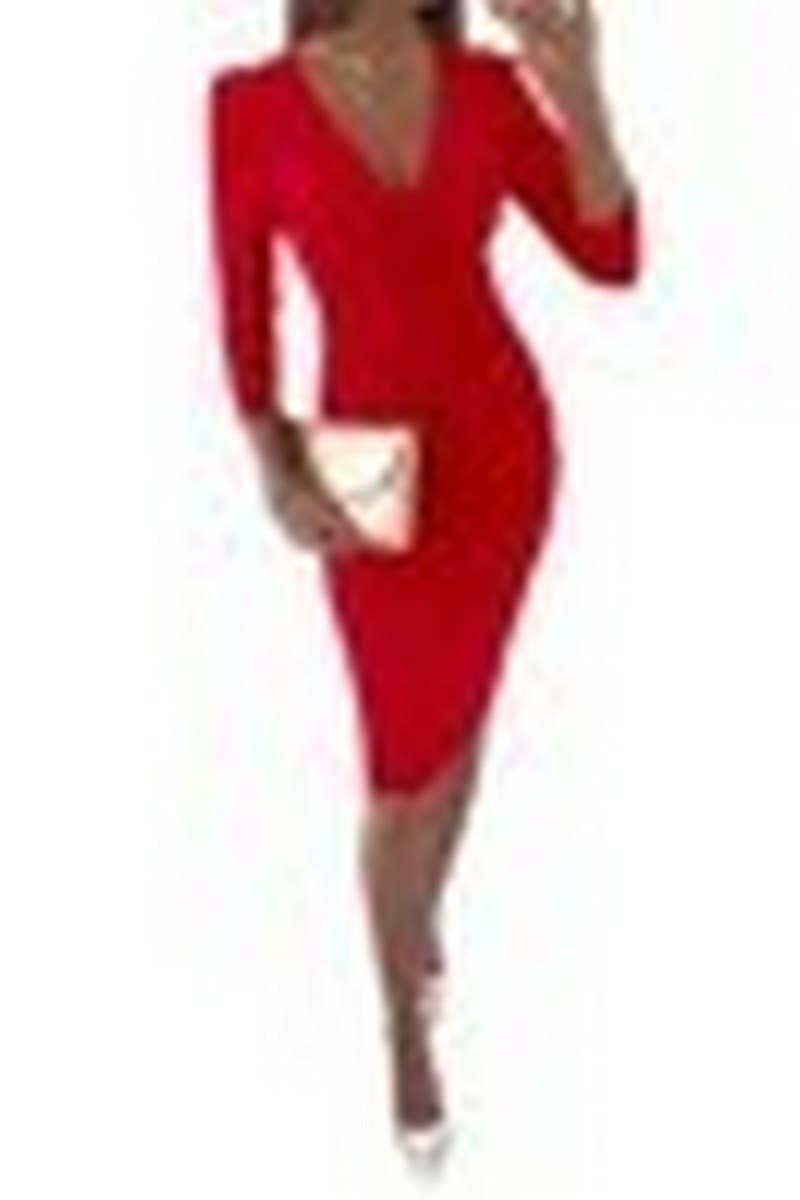 CWBMS0284_V-NECK COMMUTER LONG-SLEEVED WAIST DRESS