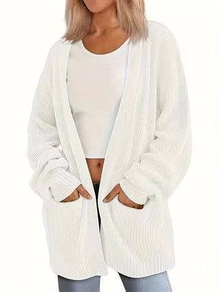 SOLID COLOR LONG KNIT WOMEN POCKET CARDIGAN COAT