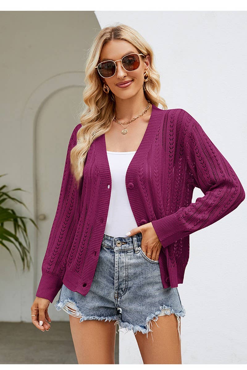 CWOCAL0775_TEMPERAMENT V-NECK HOLLOW KNITTED CARDIGAN
