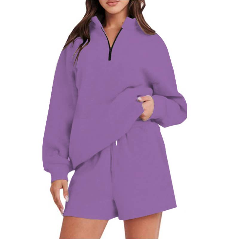 Pocket solid-color shorts and hoodie set