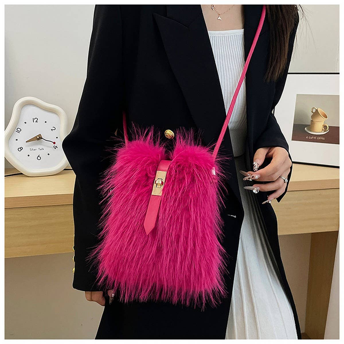 Faux Fur Plush Phone Bag Crossbody Shoulder_YMC51-023A