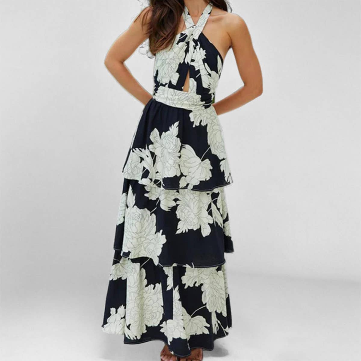 Sexy floral long cake dress with halter cutout
