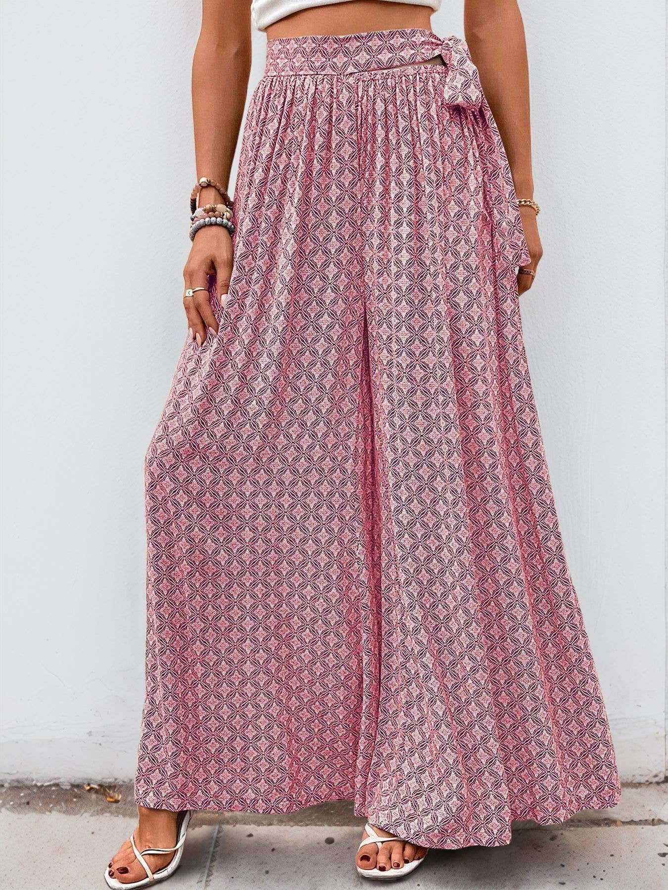 Lace-up high-waisted casual wide-leg trousers