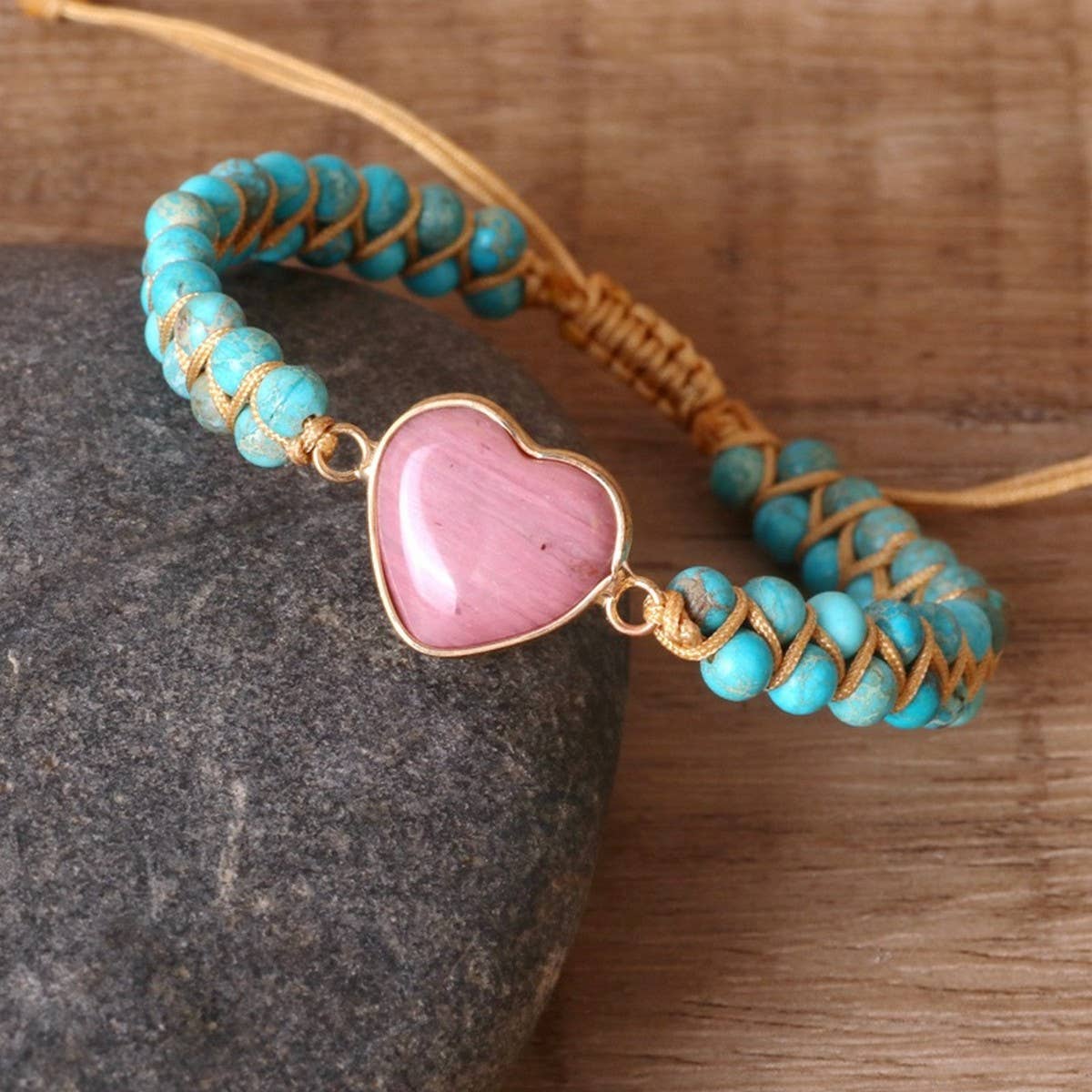 HEART SHAPED RHODONITE BRAIDED FRIENDSHIP BRACELET