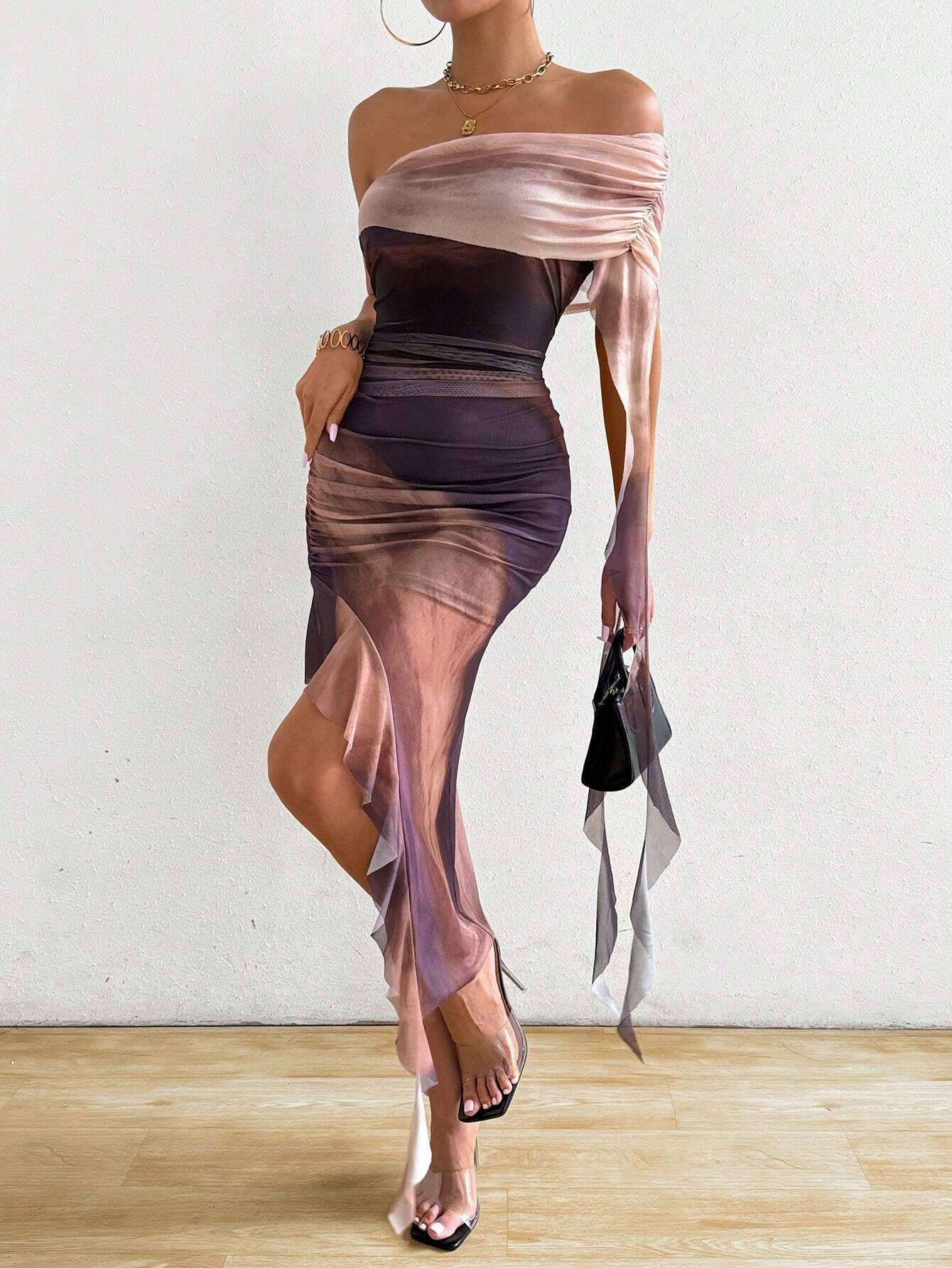 Women¡¯s ruched strapless split mesh ruffle dress