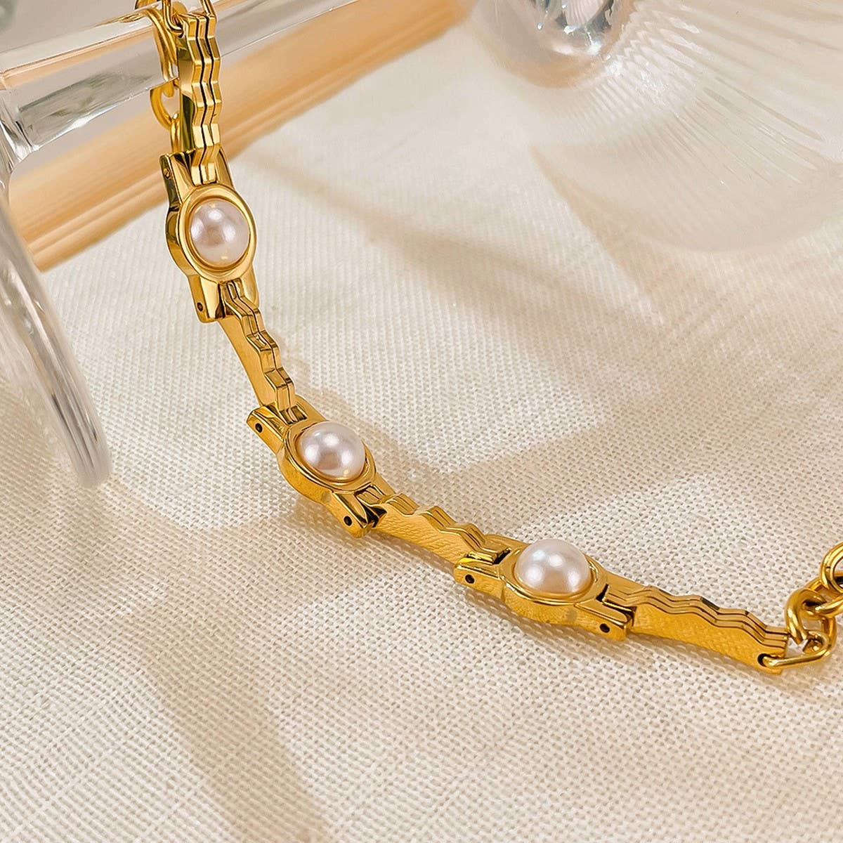 Elegant Pearl Chain Bracelet, Gold-Plated Steel