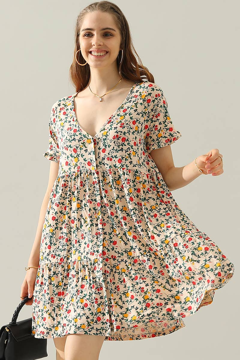 CWDSD10410_V NECK BUTTON DOWN WITH RUFFLE SLEEVE DRESS