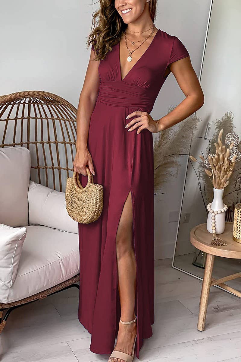 CWDMD5878_DEEP V NECK RUCHED SPLIT SHORT SLEEVE DRESS