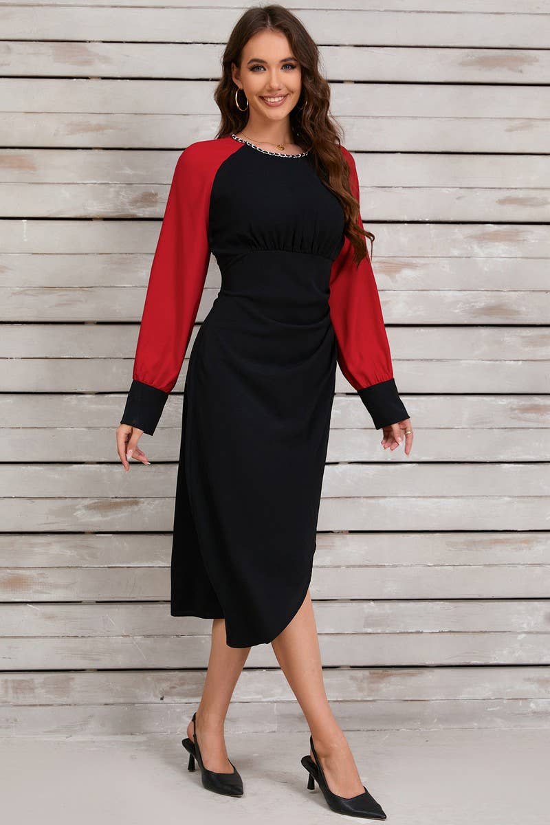 CWDSD6459_CONTRAST COLOR IRREGULAR METAL NECKLACE DRESS