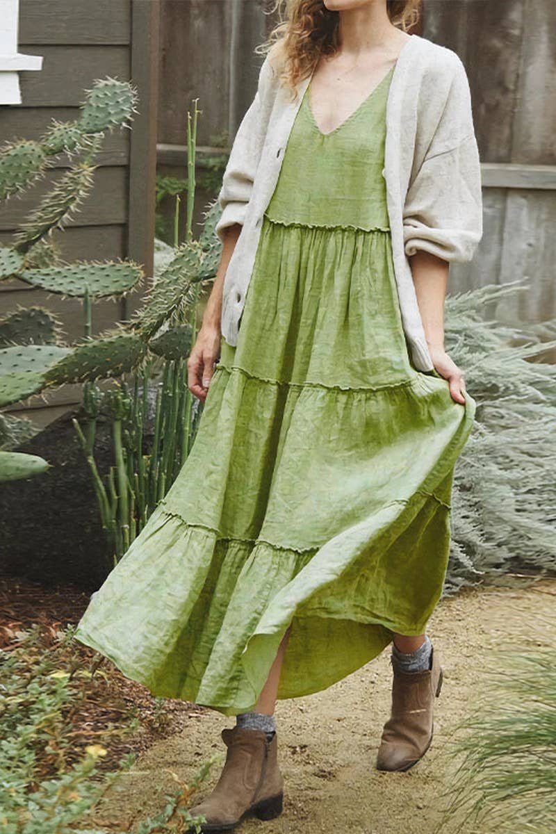 CWDMD2443_SLEEVELESS SOLID COLOR COTTON AND LINEN DRESS