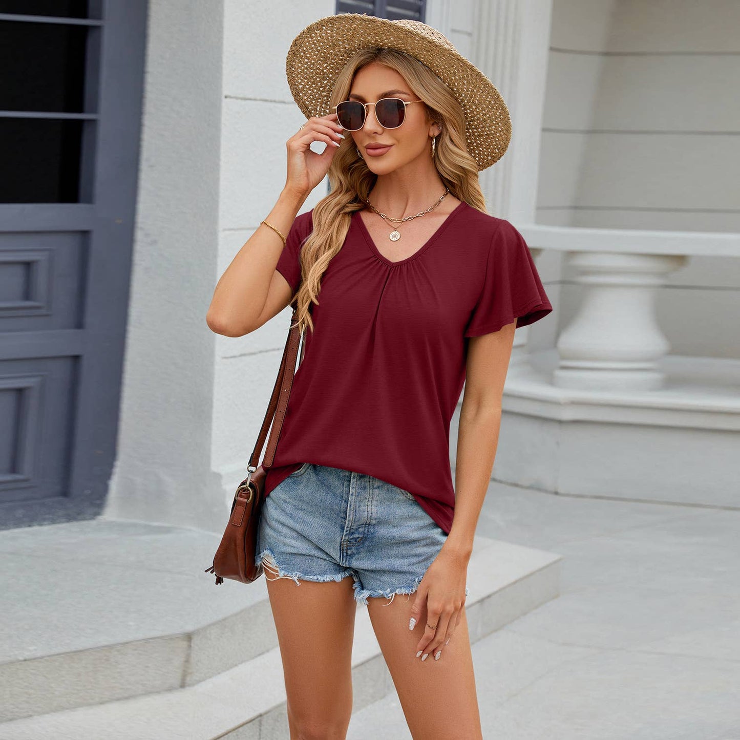V-neck fly-sleeved pleated short-sleeved T-shirt