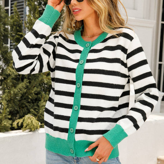 STRIPED CARDIGAN BUTTON KNIT SWEATER