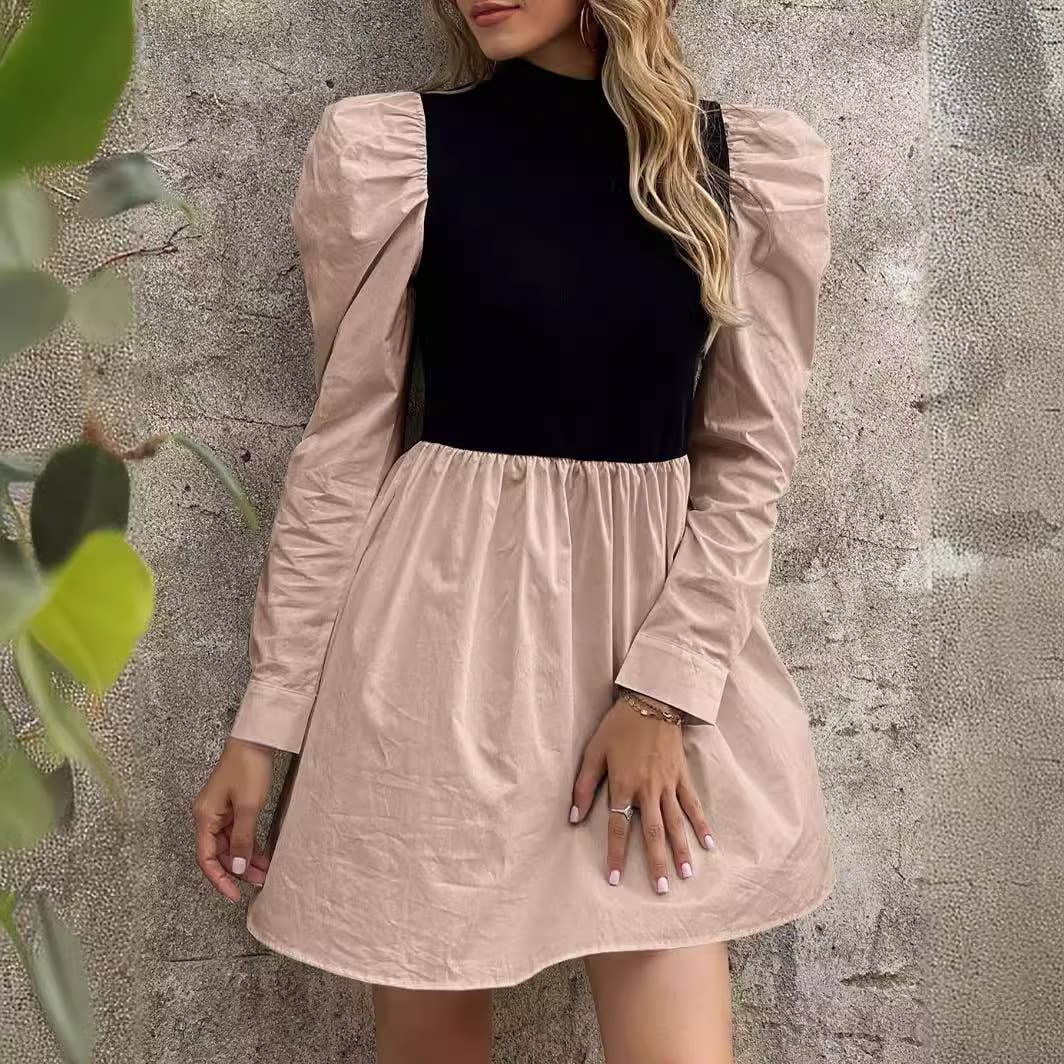 Half High Neck Color Puffy Sleeve Princess Dress