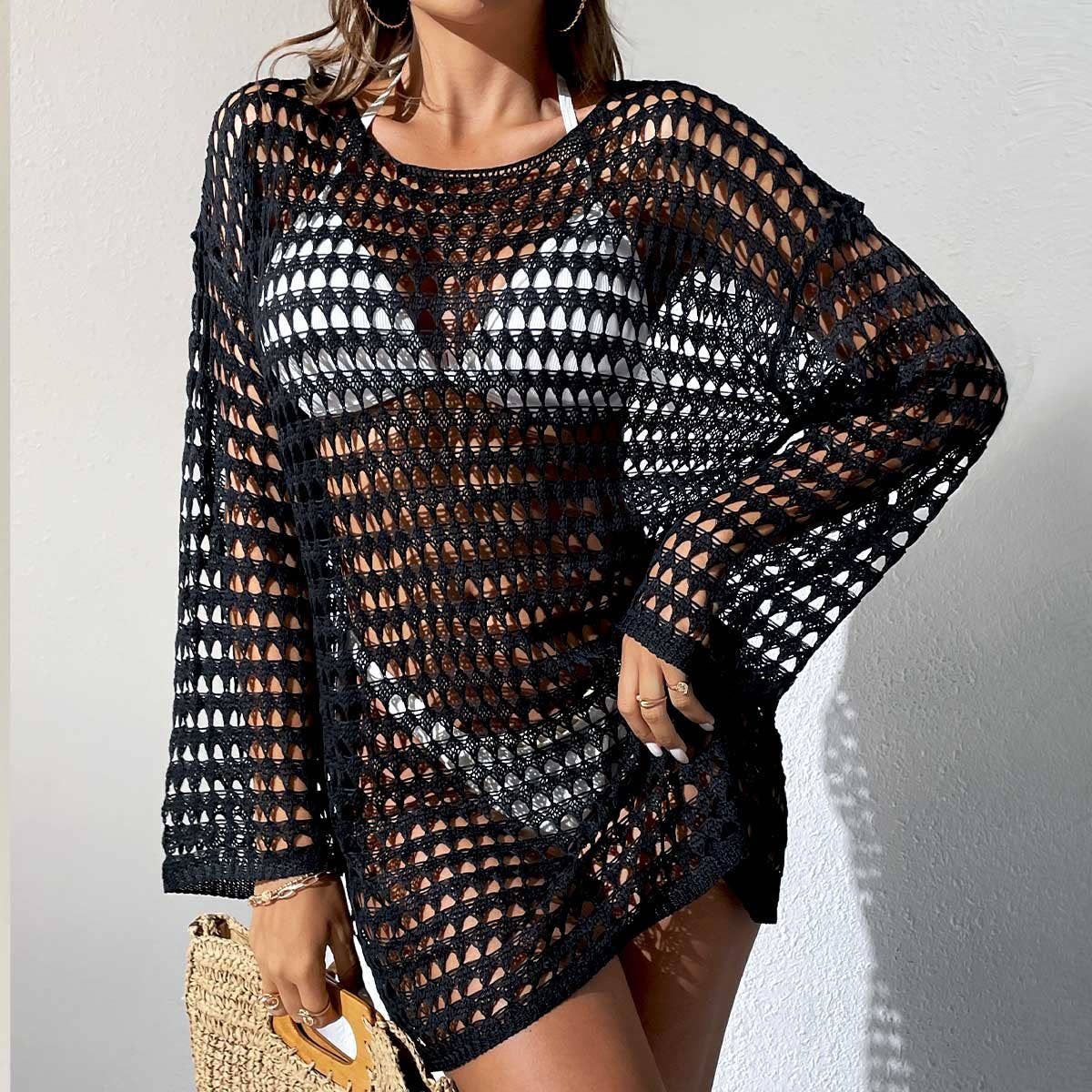 ROUND NECK LONG SLEEVE CUTOUT BIKINI COVER UP
