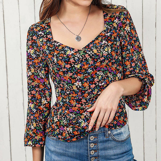 THIN SWEET PULLOVER V-NECK PUFFY SLEEVE CHIFFON